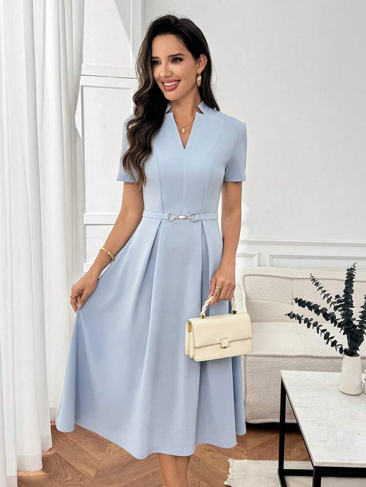 Elegant Light Blue Midi Dress For Women – V-Neck Short Sleeve Belted A-Line Dress, Perfect For Summer & Spring, Ideal For Wedding Guest, Party, Graduation, Formal Office, Going Out,Office Outfits For Women,Work Outfits For Women,Graduation Outfit For Mother,Summer Outfits For Women