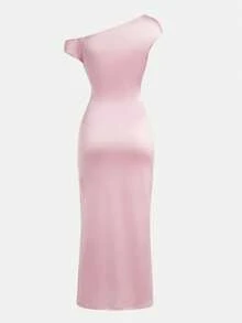 SHEIN Robe moulante en tricot maxi à taille froncée et épaule asymétrique, élégante et décontractée. Convient pour les fêtes d'Halloween, la rentrée scolaire, les rassemblements. Couleur bordeaux. - Multicolore - Voir 9