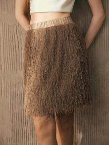 Arave Women's Knit Fabric Fringe Fluffy Waist-Cinched A-Line Casual Design Modern Party Elegant Date Night Midi/Skirt - Camel - View 1