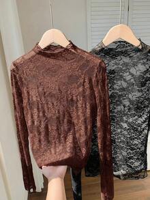 Comfortcana 2 piezas Blusas casuales y versátiles de manga larga con cuello alto y parches de encaje para mujeres - Multicolor - Ver 4