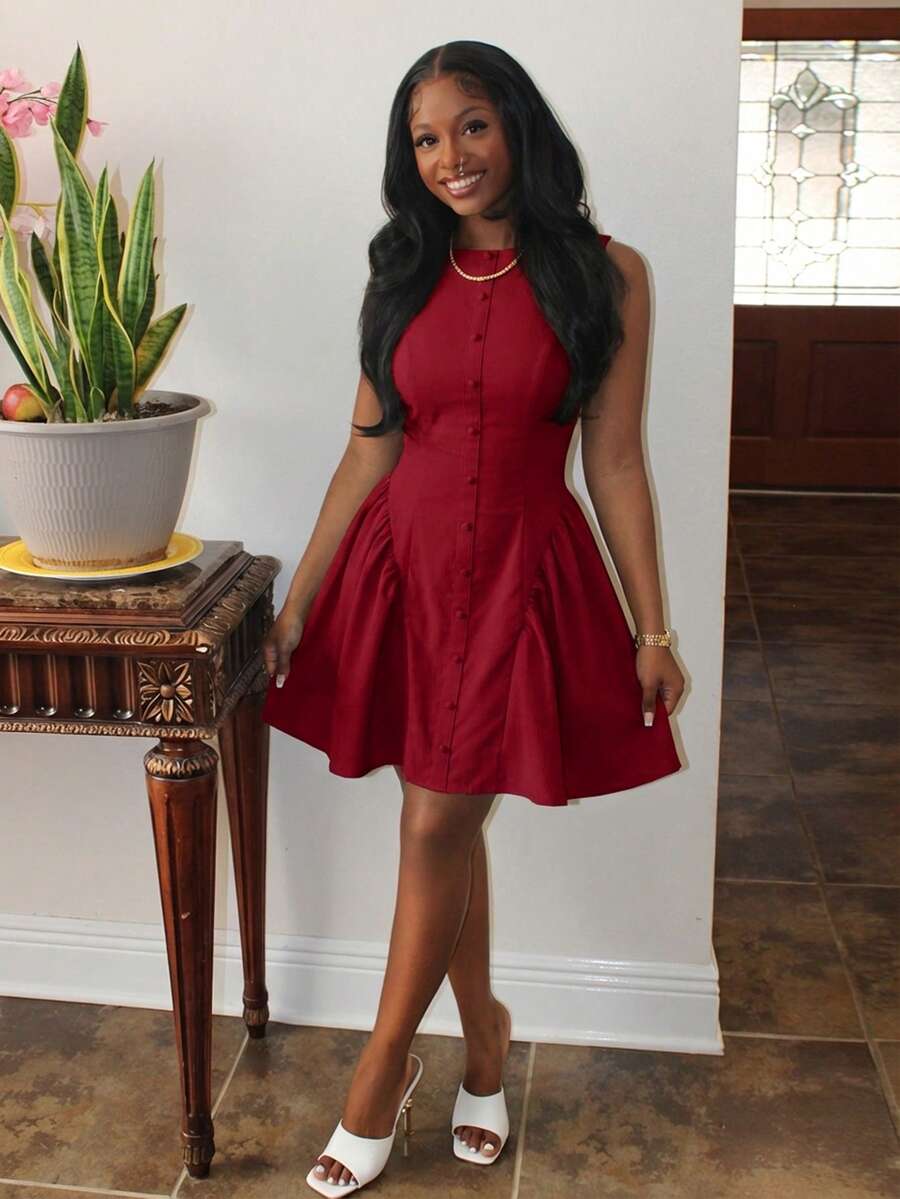 Steph T Women's Solid Color Button Design Ruched Sleeveless Fashion Mini Dress - Red - View 1