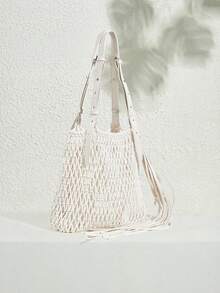 SHECARRY 女士单肩包，编织镂空单肩包，时尚假日流苏包。 - 米色 - 查看 3