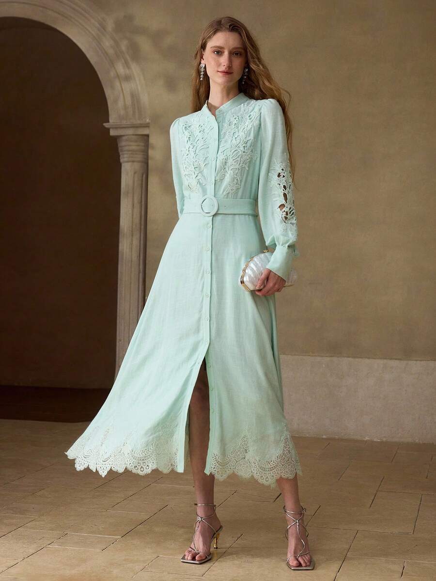 MOTF PREMIUM WOMEN'S LINEN BLEND EMBROIDERED ROMANTIC MID-LENGTH DRESS, SPRING/SUMMER - Green - View 1