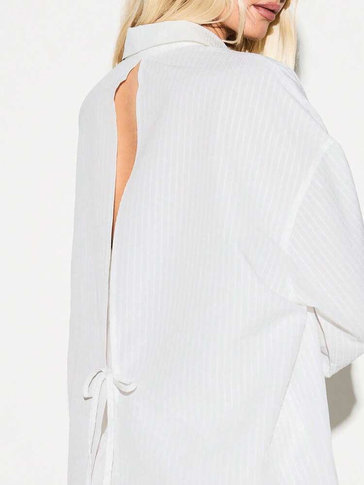 KIZN Seersucker Stripe Button Down Collared Long Sleeve Open Back Tie Detail Relaxed Fit Spring Summer Blouse Shirt Casual Office Workwear Lightweight
