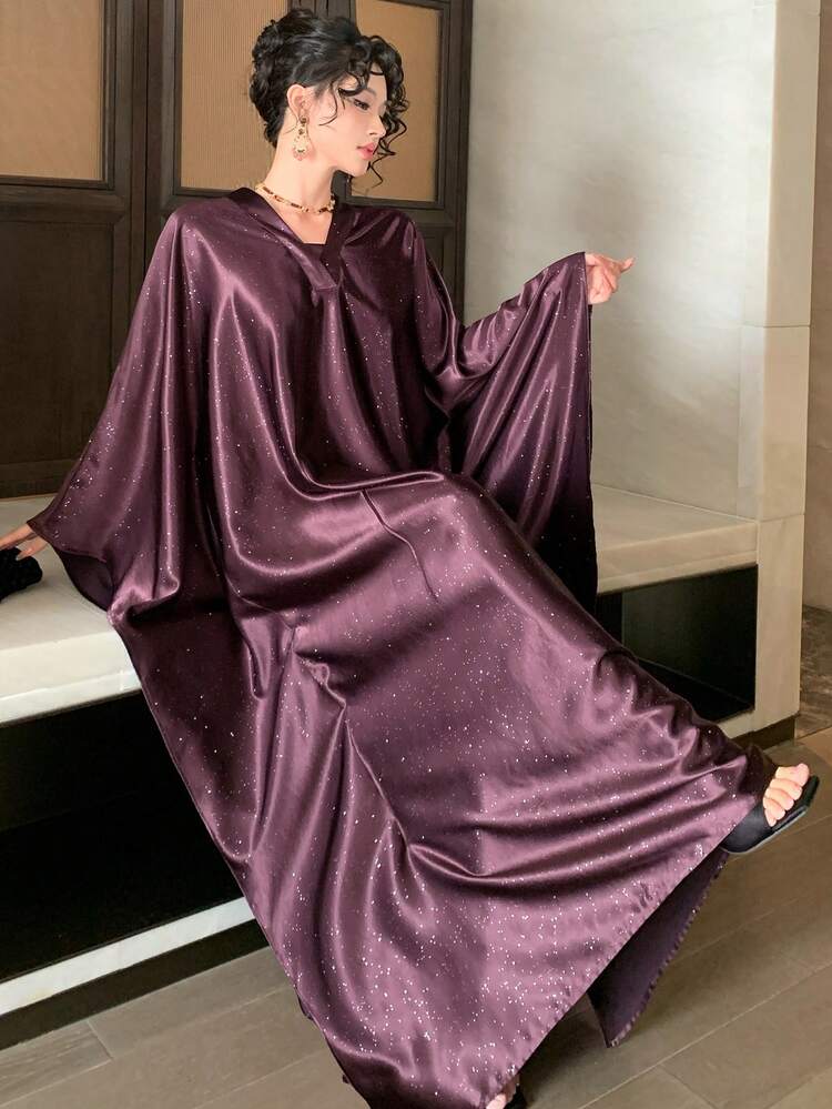 Spring & Summer Shiny Sequin Purple Cape Sleeve Dress, Elegant For Valentine's Day, Wedding, Party, Banquet, Fashion Event, Commute, Flared Dress With Long Sleeves For Women Sundress