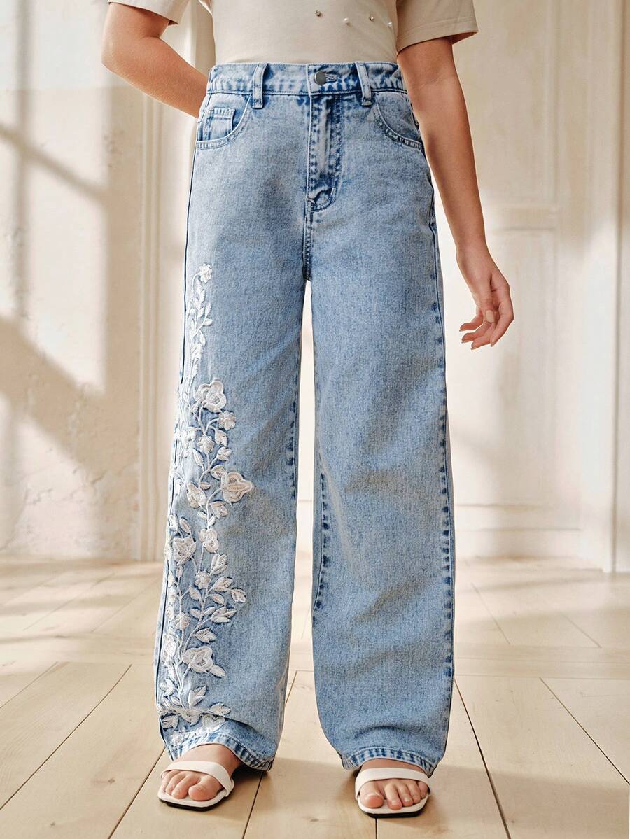 Anewsta 女童春夏时尚休闲优雅花卉刺绣蓝色直筒牛仔裤 - 藍色 - 查看 1