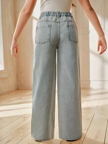 Anewsta Jeans rectos con pierna blanca y azul, decorados con diamantes y perlas brillantes de moda para niñas, primavera/verano - Azul - Ver 6
