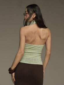 COSMINA Blusa de mujer con cuello en V y volantes, color verde claro, de tela transparente, adecuada para vacaciones de verano, resort de playa, elegante top de mujer - Verde - Ver 4