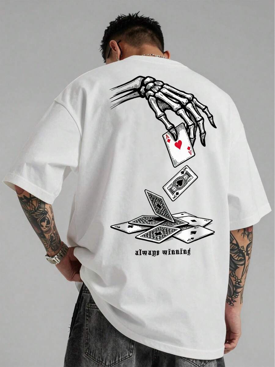 Manfinity LEGND 男士骷髅头和扑克牌印花休闲短袖T恤 - 白色 - 查看 1