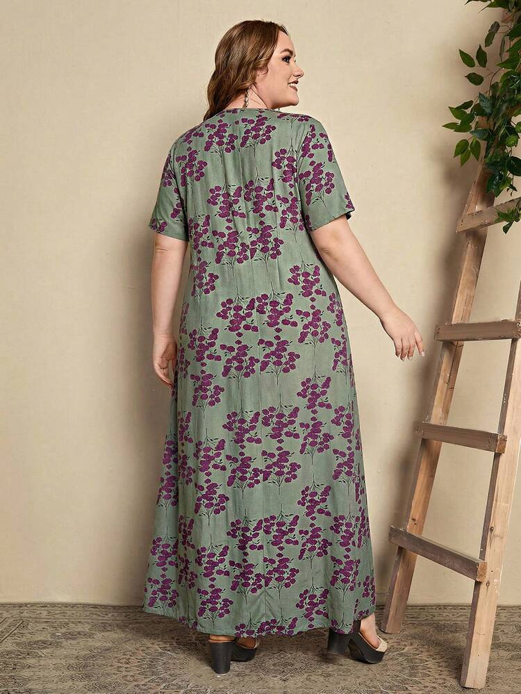 Plus Ditsy Floral Long Summer Dress With Sleeves Half Button Maxi Dress