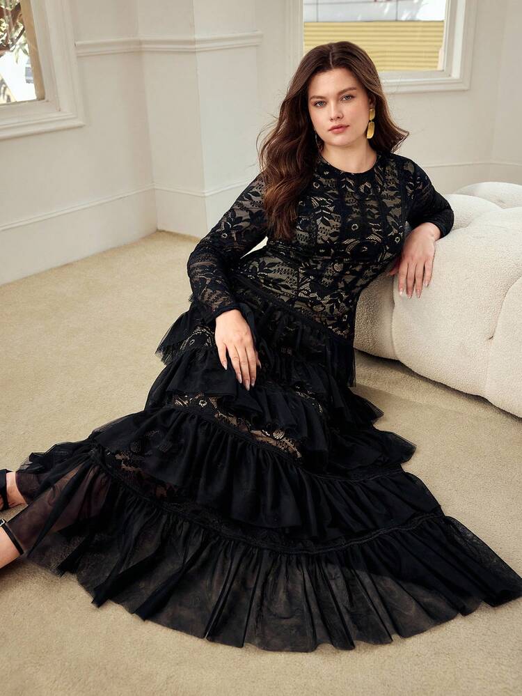 PLUS SIZE WOMEN'S LONG SLEEVE LACE RUFFLE HEM MAXI PARTY DRESS, SPRING/SUMMER