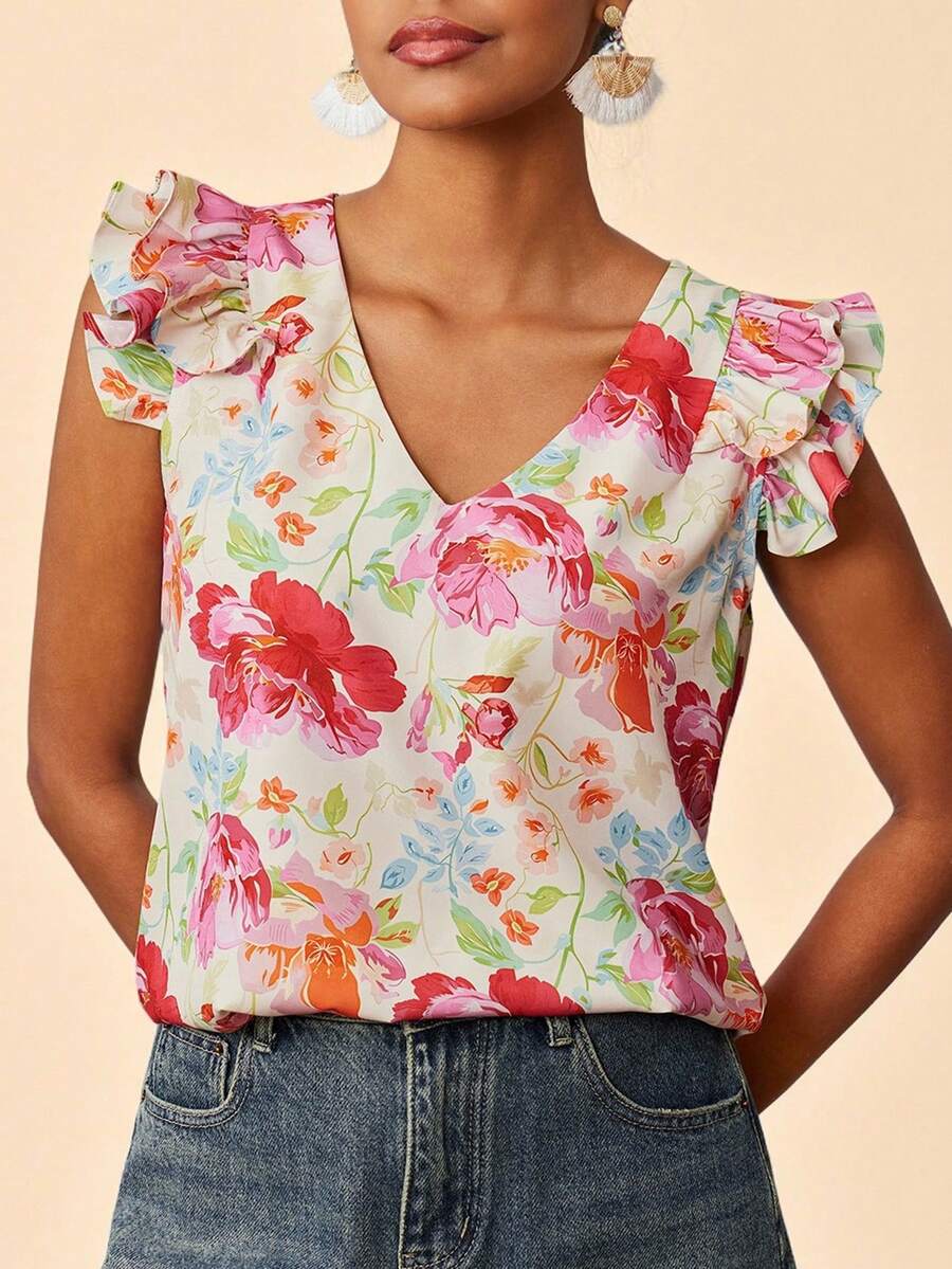 Travachic Blusa casual con cuello en V, volantes y estampado floral romántico, ideal para primavera, verano, vacaciones, elegante para fiestas, eventos de lujo como bodas, graduaciones, ceremonias, damas de honor, vacaciones en la playa - Multicolor - Ver 1