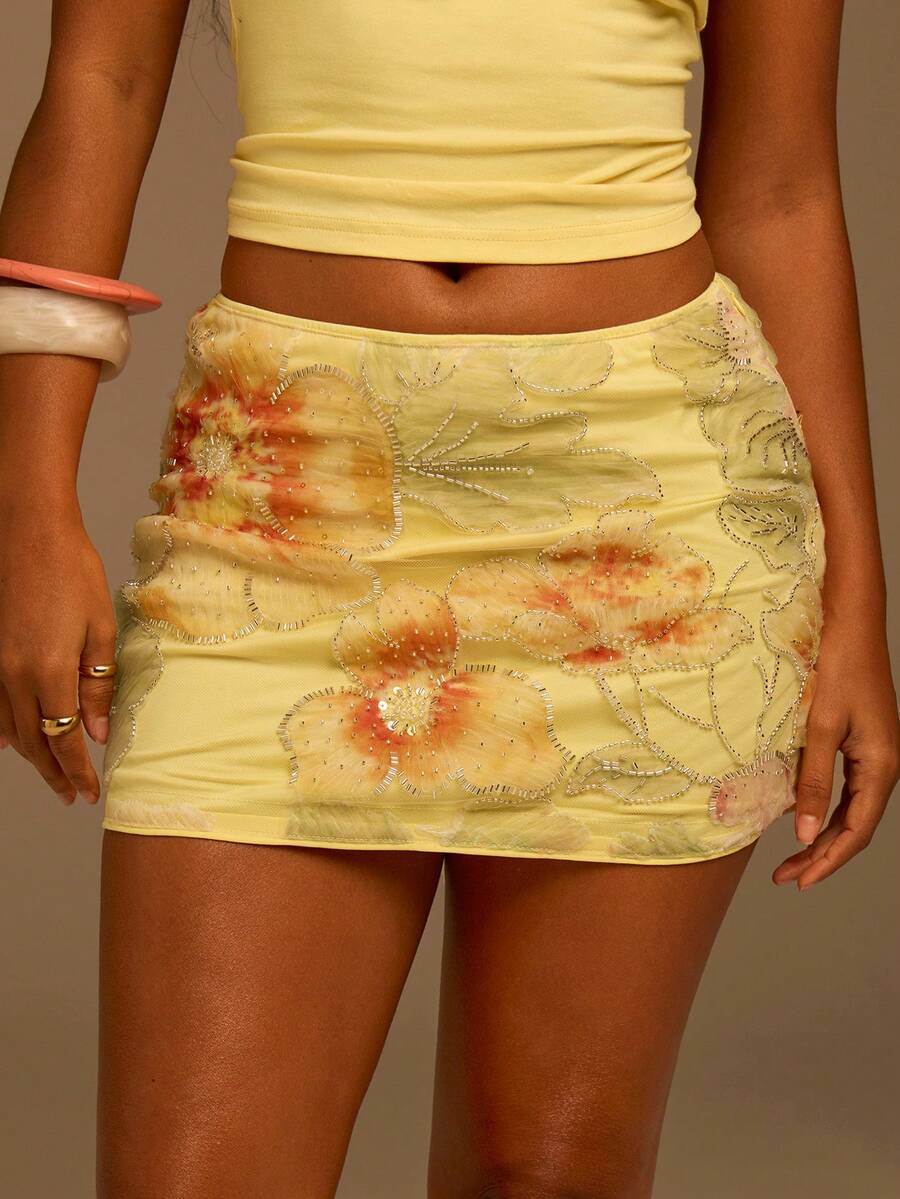 Athîral Falda casual con estampado floral para mujer - Amarillo - Ver 1