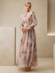 Anewsta Nuevo vestido largo elegante de primavera con cuello en V, lazo en la cintura y estampado floral pequeño y disperso que estiliza la figura para mujeres - Multicolor - Ver 6