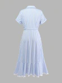 GlowEve Women's Blue & White Striped Waist Tie Irregular Hem A-Line Dress, Charming Elegant Everyday Commute Vacation Fashion Date French Street Retro Versatile Spring Summer Blue White New Mid-Length Short Sleeve Shirt Dress - Multicolor - View 2