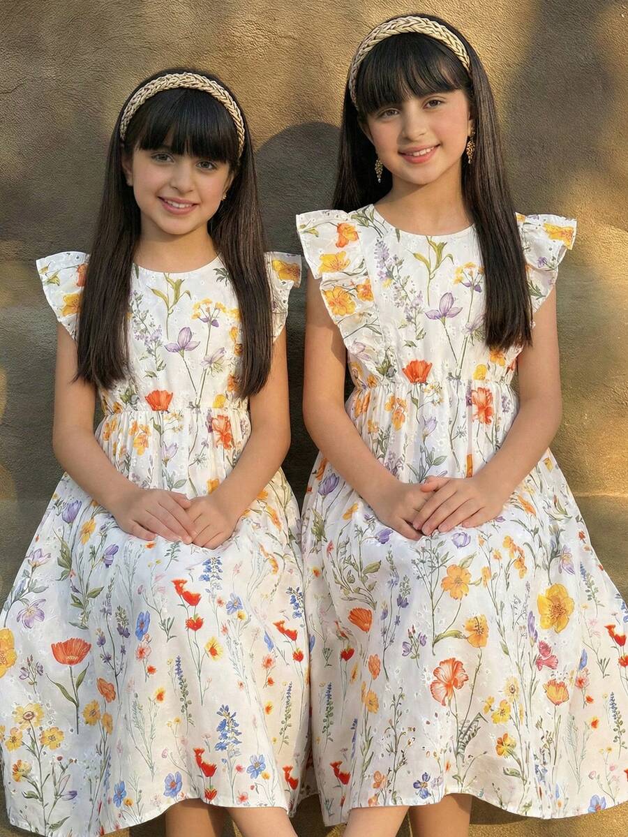 Girls' Floral Print Embroidered Sleeveless Casual Dress, Sweet Minimalist Design, Loose Fit, Summer - Multicolor - View 1