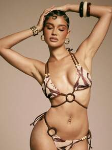 Hauture Áo bikini tam giác buộc cổ yếm in họa tiết trừu tượng gợi cảm dành cho nữ, điểm nhấn là chi tiết vòng trang trí. - Nhiều màu - Xem 1