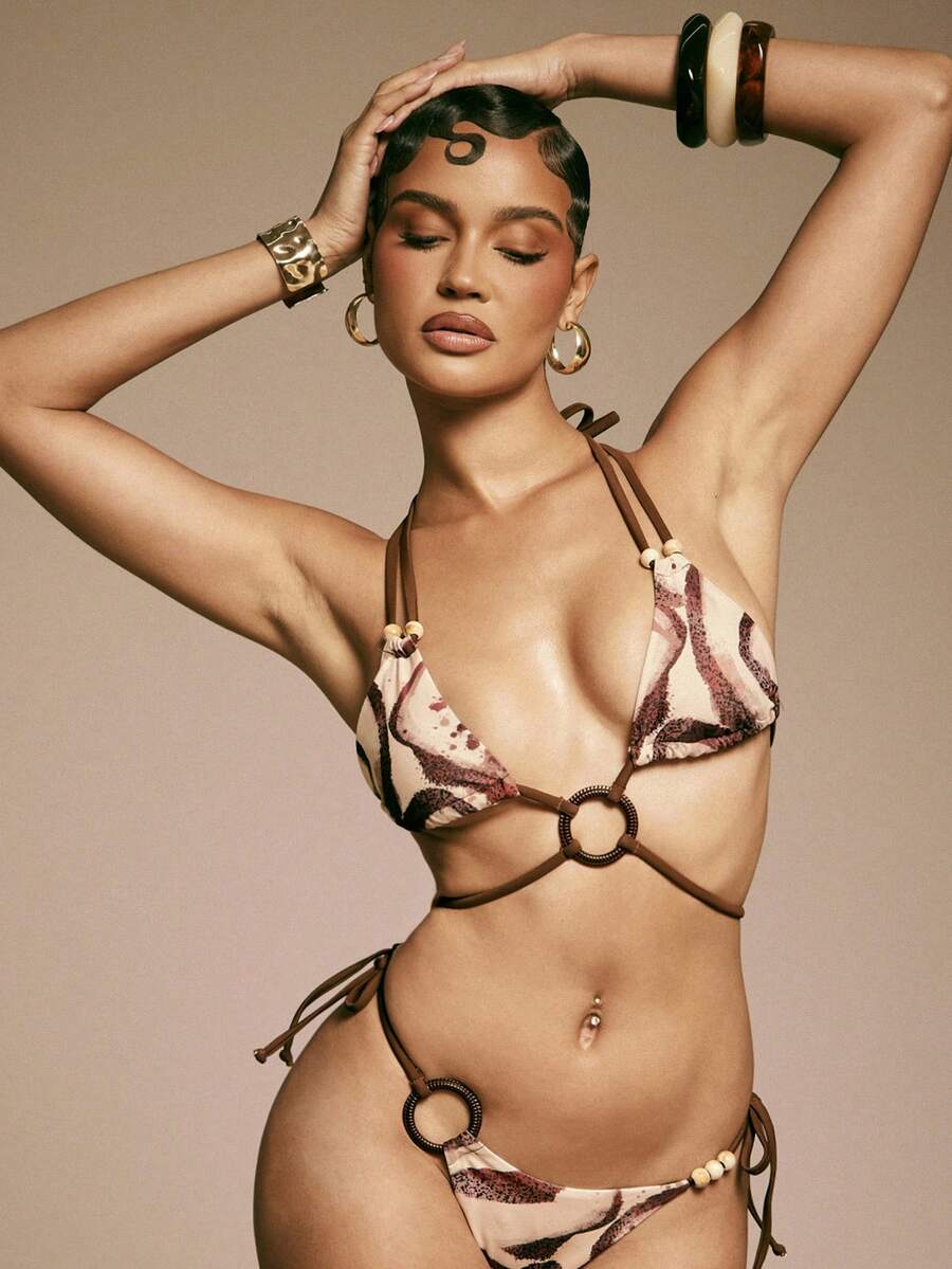 Hauture Áo bikini tam giác buộc cổ yếm in họa tiết trừu tượng gợi cảm dành cho nữ, điểm nhấn là chi tiết vòng trang trí. - Nhiều màu - Xem 1