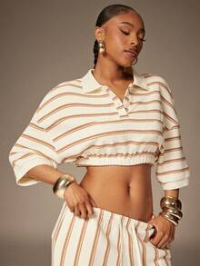 Denimoi Cropped Collared Knit Top Vacation Outfits Cropped Polo Shirt - Beige - View 1