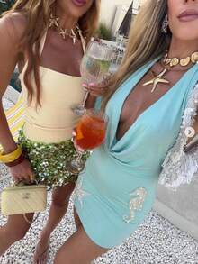 Aloruh 女士纯色褶皱吊带露背系带优雅收腰迷你连衣裙，适合约会和派对 - 藍色 - 查看 4