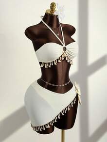 Zestiva Bộ bikini 3 mảnh dành cho nữ, áo croptop không dây và váy ngắn tua rua, màu trơn gợi cảm, thích hợp cho tiệc bãi biển thường ngày. - Màu be - Xem 4