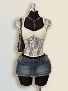 SHEIN ICON Camiseta de noche de cita sexy y versátil con parches de encaje para mujer - Beis - Ver 3