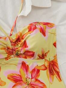 Swim Mod 女士热带花卉印花两件式比基尼套装，挂脖系带，侧系带，沙滩度假比基尼套装 - 彩色 - 查看 4