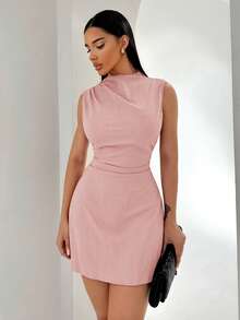 Shopreo Abito a sottoveste minimalista ed elegante con pieghe a ruota in rosso, adatto per uso quotidiano, pendolarismo, matrimoni, feste, festival musicali, vacanze, primavera/estate - Rosa antico - Visualizzare 6