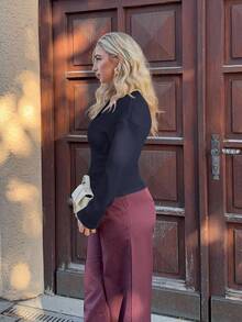 Jeta Ari Áo len dệt kim dài tay cổ chữ V thời trang retro màu đỏ tía cho nữ - Màu xanh hải quân - Xem 4