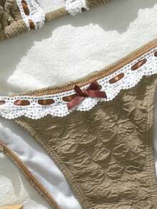 Swim Mod Women's Bikini Set 2-Piece,White,Summer,Elegant,Pool Party,Holiday,Bow Decor Ribbon Floral Texture Triangle Cup Swimwear,Boho Beach Resort Outfit - Baby Pink - View 5