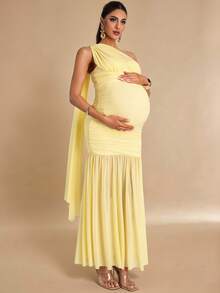 MaterniChic Pregnant Women Elegant Yellow One-Shoulder Pleated Maternity Dress,Summer Long Pregnancy Dress For Photoshoot,Baby Shower Wedding Guest Party Dress - Yellow - View 6