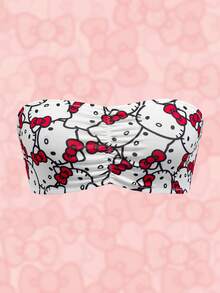 HELLO KITTY AND FRIENDS | SHEIN 女士时尚可爱猫咪印花前褶皱无肩带文胸 - 紅色 - 查看 4