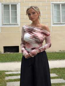 Jeta Ari 女式花卉印花长袖不对称下摆 T 恤，春夏 - 彩色 - 查看 5