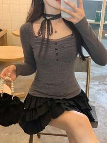 DAZY 女士优雅系带长袖T恤，适合春秋季穿着 - 灰色 - 查看 6