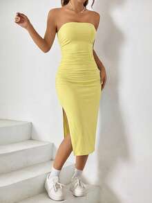 SHEIN EZwear 夏季开衩黑色紧身连衣裙 女装 女士夏季连衣裙 无肩带连衣裙 抹胸连衣裙 紧身夏季连衣裙 - 鵝黃色 - 查看 3
