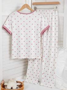 Genkimix Kids Conjunto de Pijama Casual e Confortável com 2 Peças, Top de Manga Curta com Estampa de Bolinhas e Coelho Fofo, e Calça Solta - Multicolorido - Visão 2