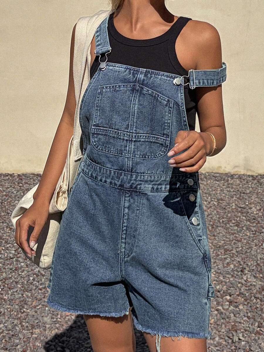 DAZY Women's Summer Casual Slant Pocket Frayed Denim Bib Pants - Blue - View 1