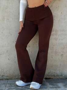 Bearsaez 秋冬年轻女性简约通勤家居杏色高腰修身喇叭腿针织裤 - 咖啡棕 - 查看 3