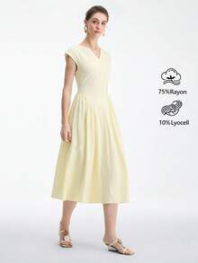 Aalyst Vestido midi elegante con cuello en V y cintura fruncida, adecuado para citas y fiestas - Albaricoque - Ver 5