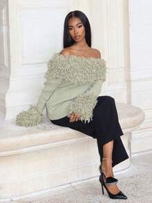 Mima John Autumn/Winter New Distressed Off-Shoulder Fringe Sweater For Women,Christmas Sweater - Green - View 1