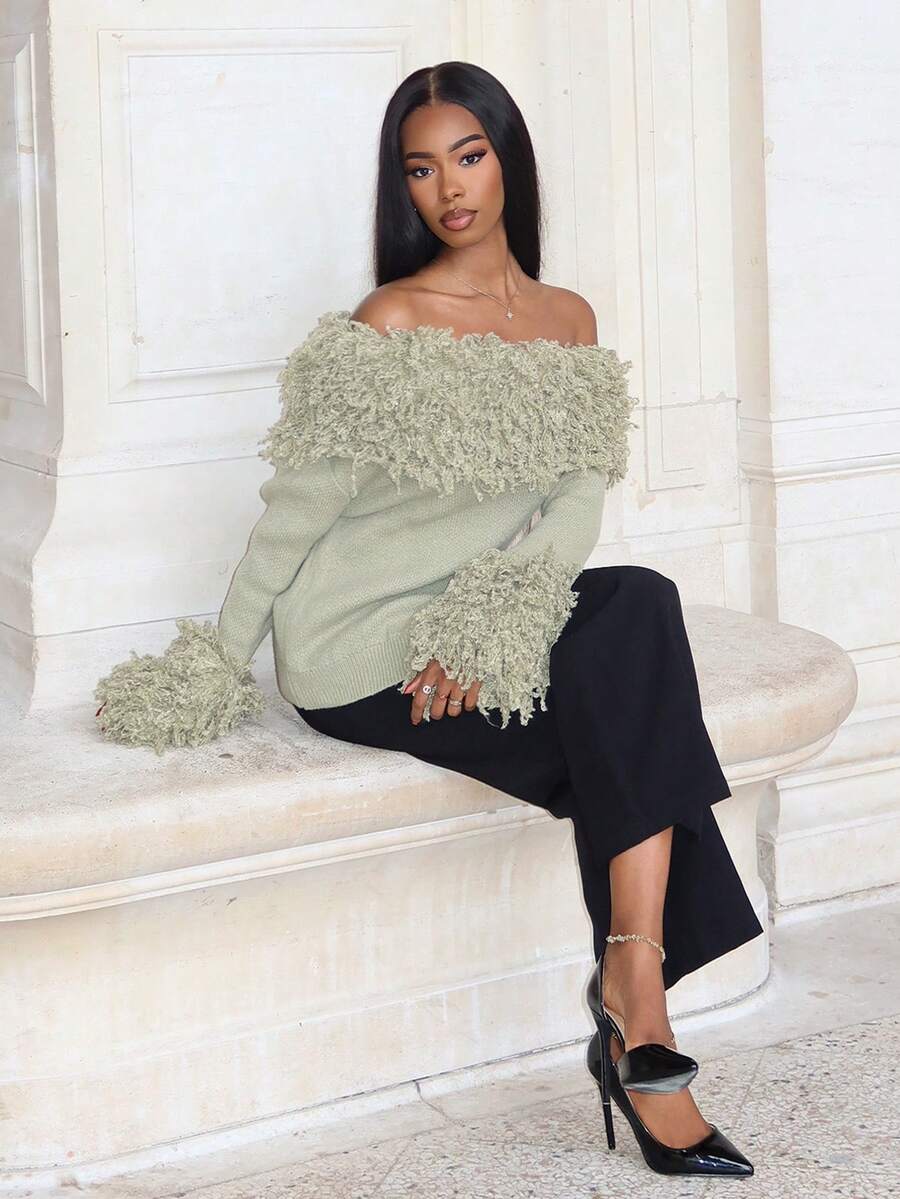Mima John Autumn/Winter New Distressed Off-Shoulder Fringe Sweater For Women,Christmas Sweater - Green - View 1