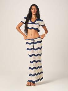 MISSGUIDED Bộ đồ hai mảnh đan móc kẻ sọc dành cho nữ, áo croptop và chân váy maxi phối hợp, thích hợp cho kỳ nghỉ hè ở bãi biển. - Màu xanh lam - Xem 5