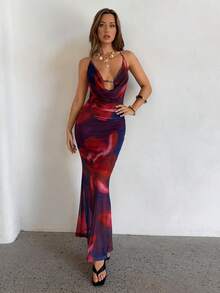 Aloruh Blue Printed Beaded Backless Sexy Draped Neck Vacation Dress, Y2K Music Festival Island Holiday Dress - Multicolor - View 4