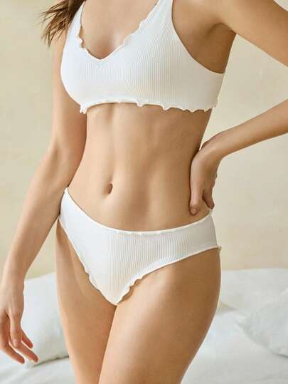 Ocili Women's Minimalist Comfortable Solid Color Ribbed Lettuce Trim Triangle Panties