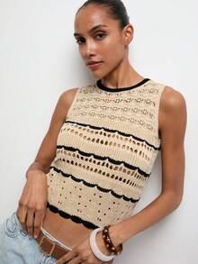 Maija Women's Hollow-Out Casual Elegant Knit Vest Beach Outfit Holiday Outfits - Khaki - View 1