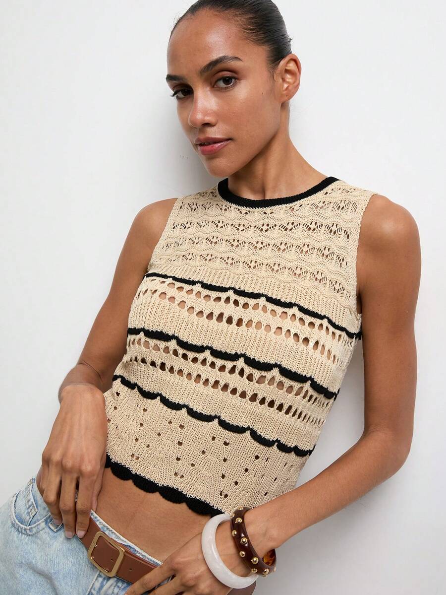 Maija Women's Hollow-Out Casual Elegant Knit Vest Beach Outfit Holiday Outfits - Khaki - View 1