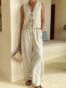 Livesso Conjunto de Colete Regata e Calça Casual de Perna Reta com Estampa Floral e Geométrica para Primavera e Verão, Conjunto Elegante de Duas Peças para Ir ao Trabalho, Férias, Praia - Branco - Visão 3