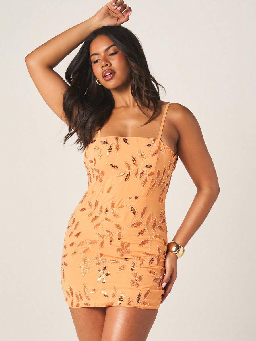 MISSGUIDED Beaded Sequin Mini Dress With Spaghetti Straps Bodycon Fit Party Evening Cocktail Formal Occasion Sparkle Embellished Sleeveless Orange Gold - Orange - View 1