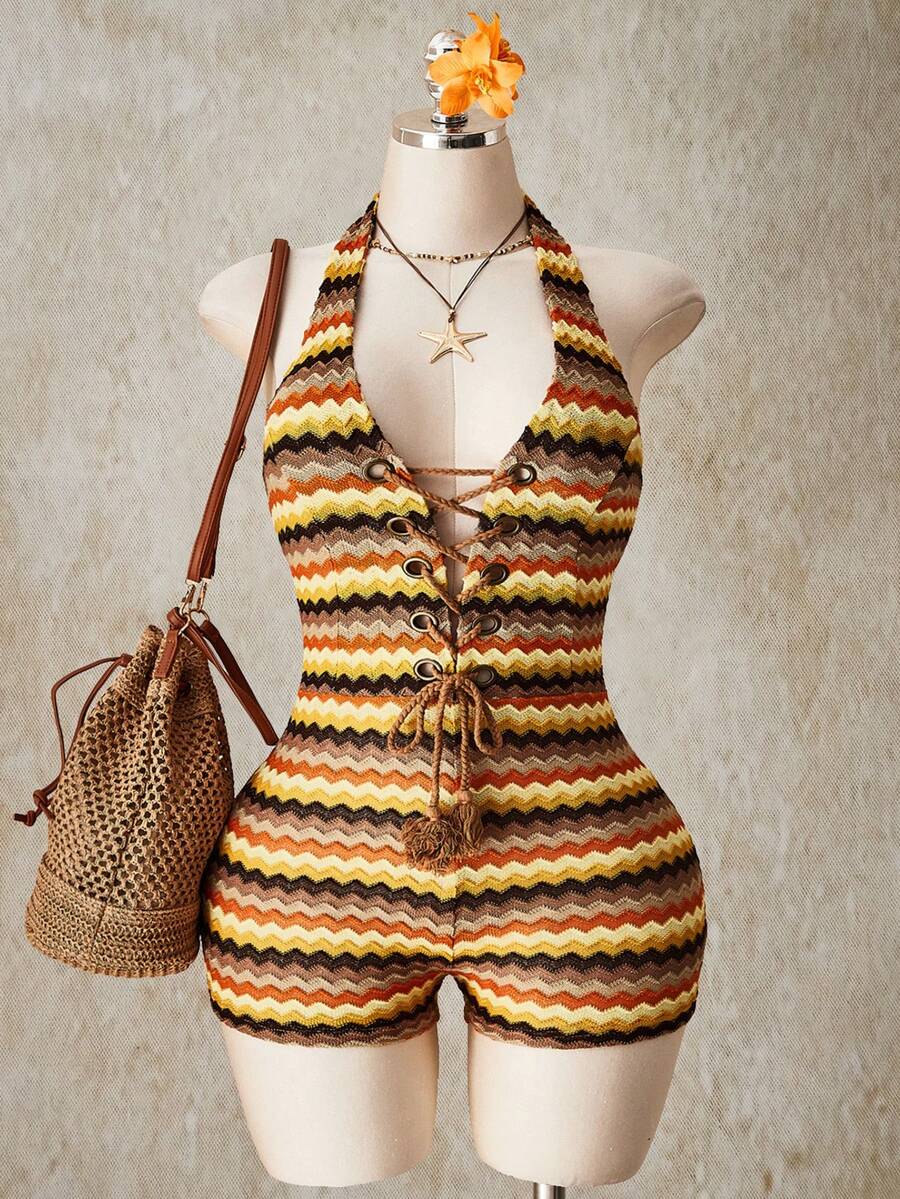 SHEIN ICON 大码 Y2K 彩色条纹深 V 领交叉吊带针织连体裤 - 彩色 - 查看 1