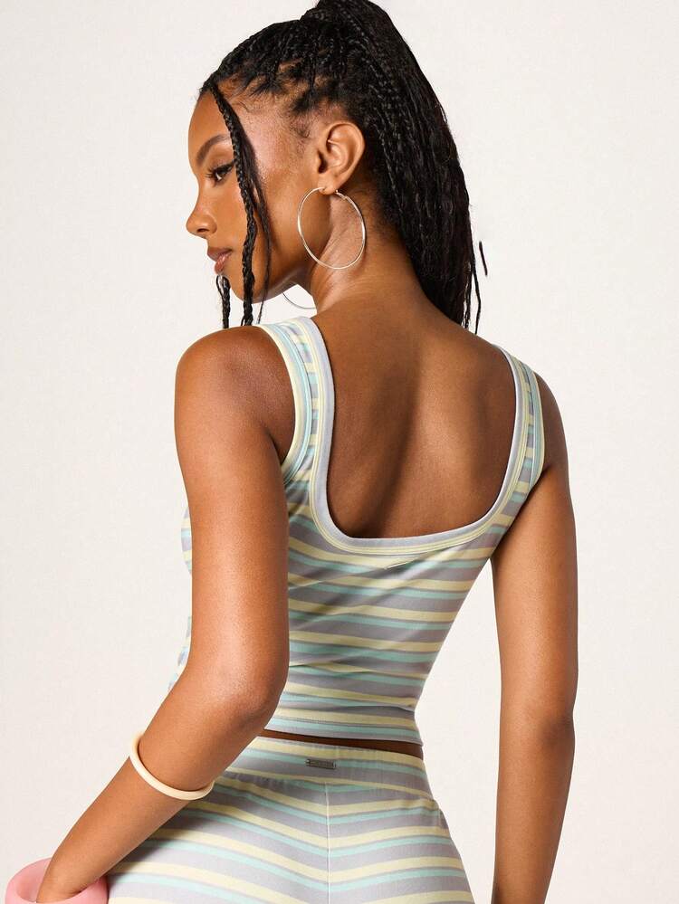 Missguided x Playboy Women's Striped Cami Tank Top With Horizontal Pastel Stripes Scoop Neck Fitted Sleeveless Summer Casual Crop Top